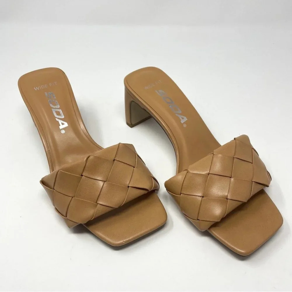 Soda Woven Heeled Backless Braided Square Toe Slip On Block Heel Sandals Sz 6